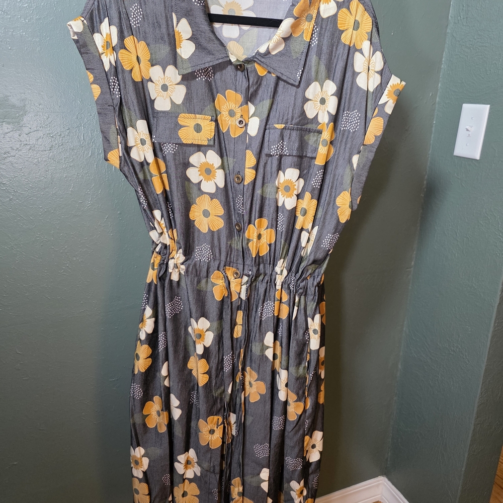 LuLaRoe Stacey Gray Midi Dress with Yellow and Cream Floral Print